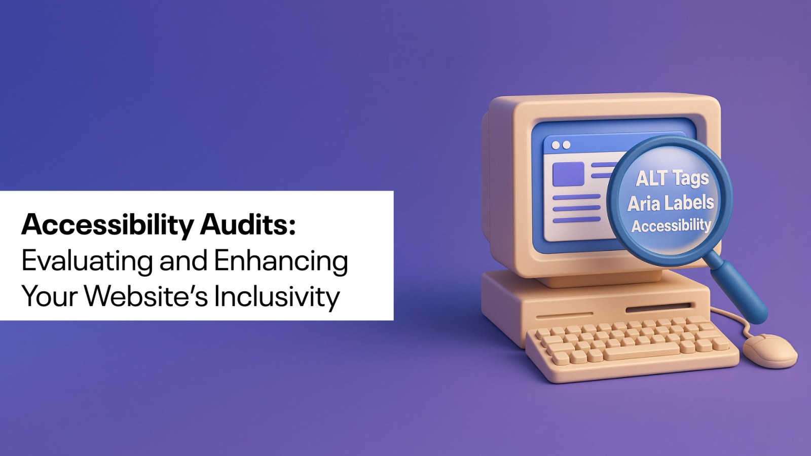 The words Accessibility audits: Evaluating and Enhancing your websites inclusivity with a little 3D printed old style computer to the right