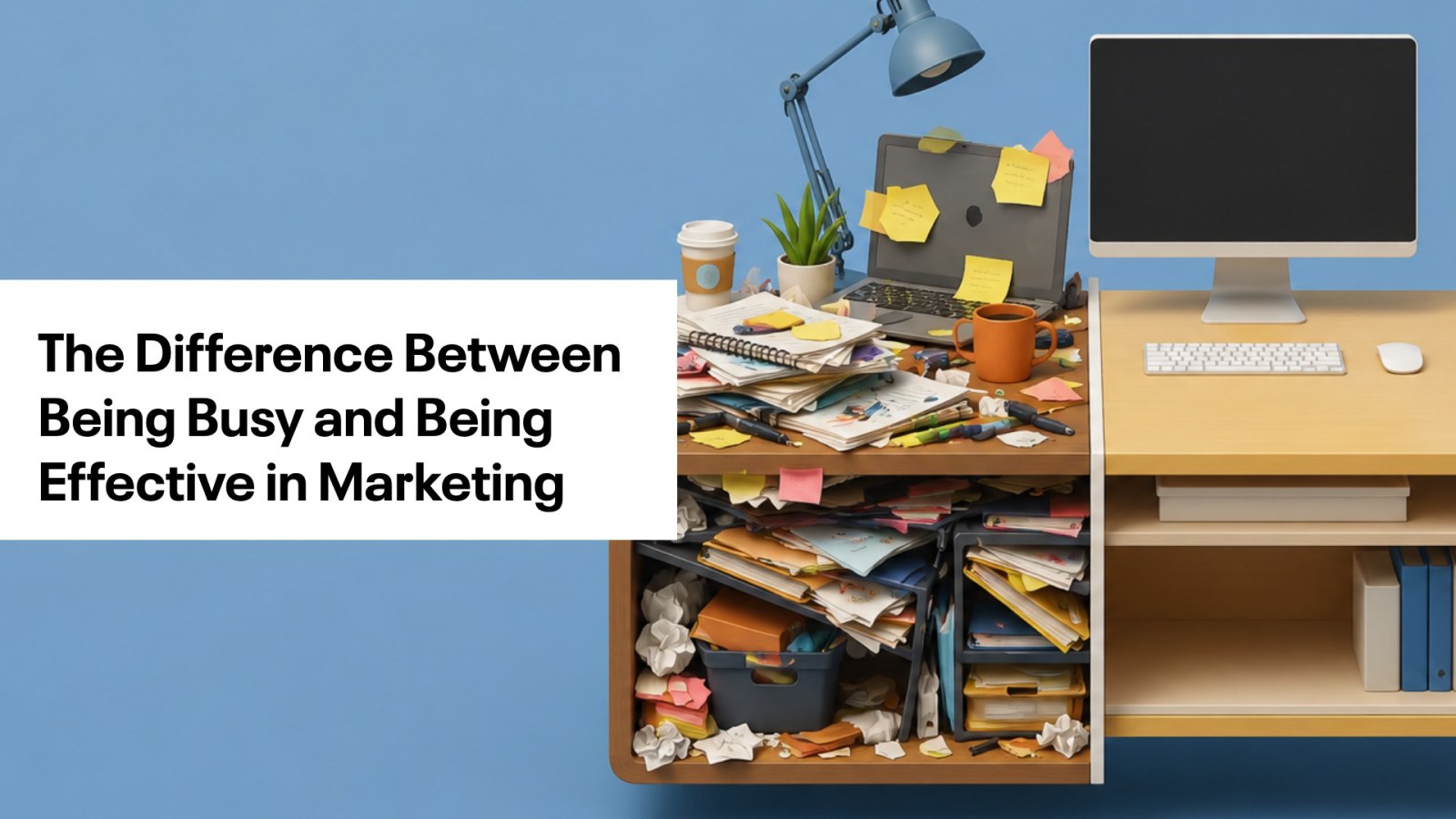 A desk covered in sticky notes, balled up papers, pens, coffee cups, notebooks, shelve a lamp and plant. The words, The difference between being busy and being effective in marketing are to the left.
