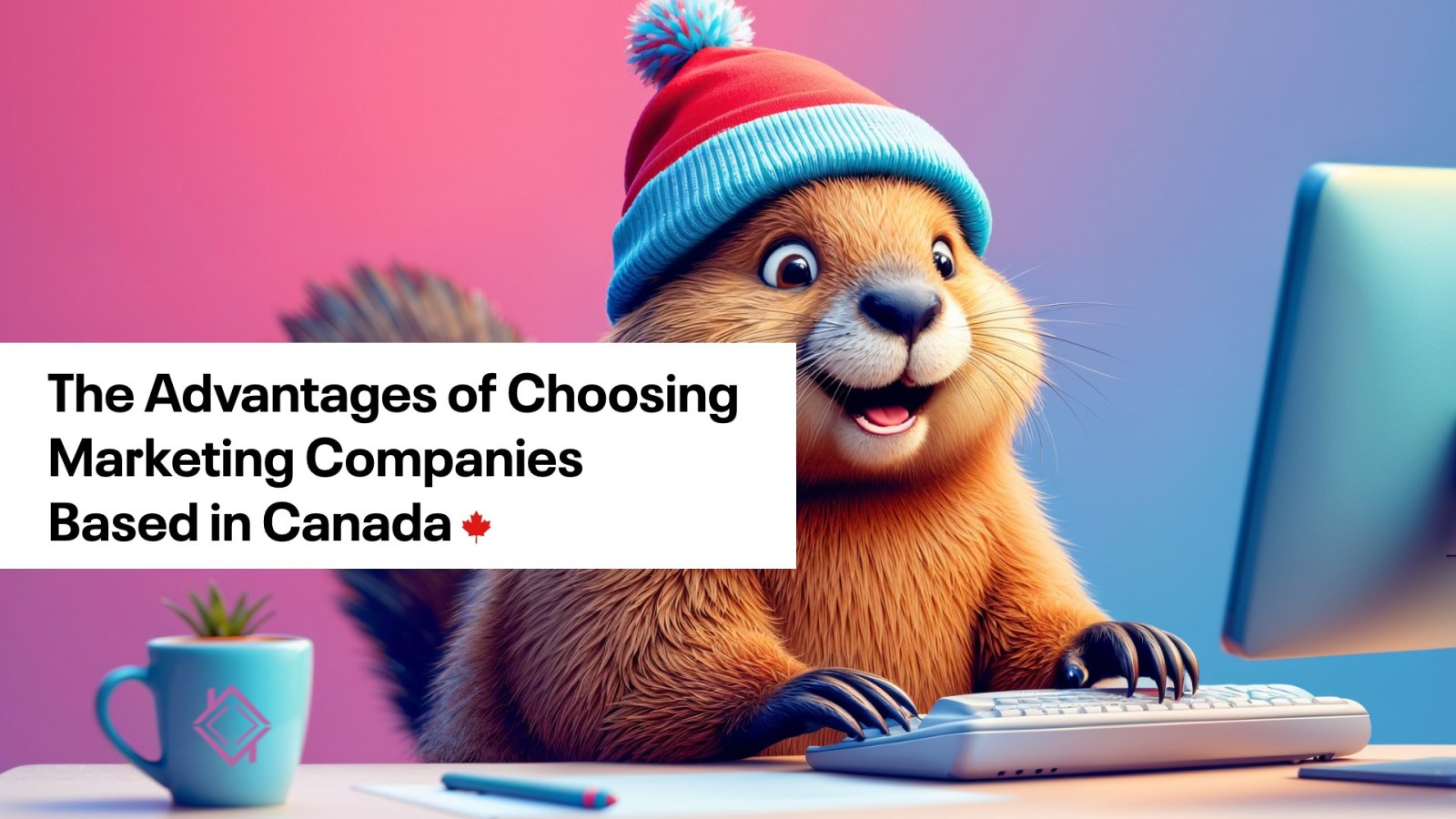 A cartoon Beaver wearing a touque sitting in front of a computer with its paws on the keys. The words The advantages to choosing marketing companies based in canada are below.