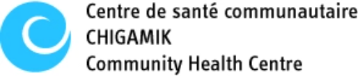 Blue circle with a white swirl and the words Community Health Centre beside it