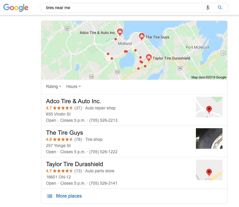 Google Map showing the locations of Tire Shops in MIdland