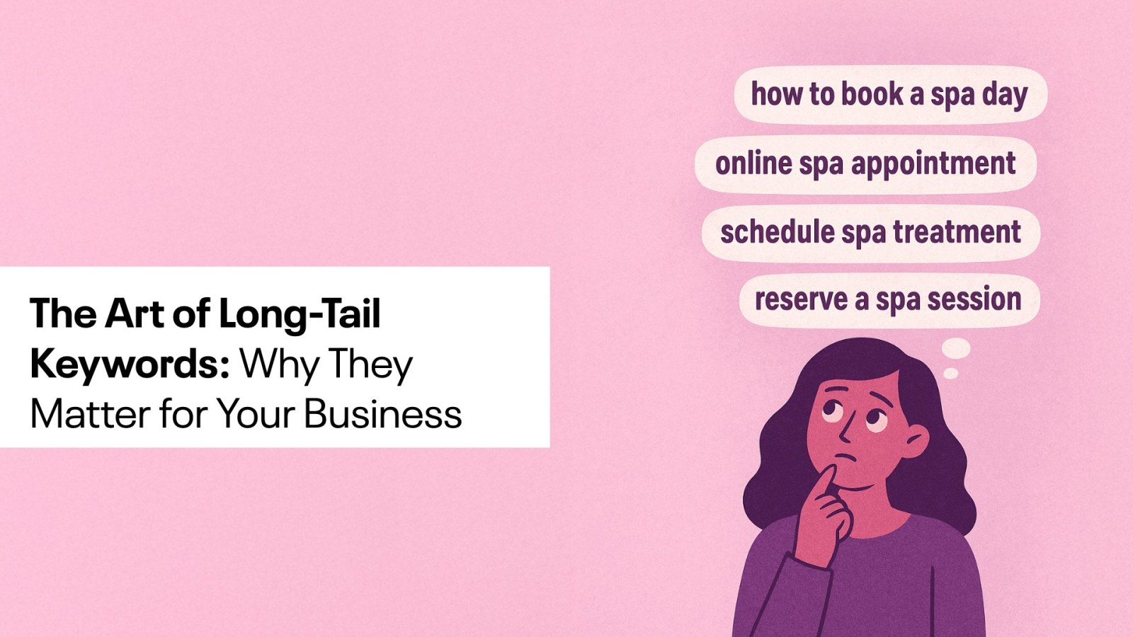 Cartoon woman with speech bubbles thinking: how to book a spa day, online spa appointment, schedule spa treatment, reserve a spa session. The title of the blog is to the left.
