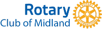 Rotary Club of Midland with a blue cog beside it with the words Rotary International written on it.
